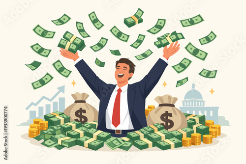 Successful Businessman Celebrating Financial Wealth and Prosperity with Falling Money, Cash Stacks, and Gold Coins; Concept of Investment Profit, Economic Growth, and Monetary Policy Stimulus.