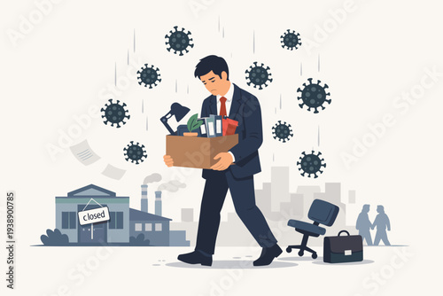 Sad Businessman Fired and Carrying Box of Office Supplies After Company Closure Due to COVID-19 Coronavirus Pandemic Impact, Jobless Worker Facing Economic Crisis and Unemployment Concept