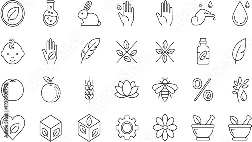 Natural organic and eco friendly icons for skincare, herbal medicine, vegan products, cruelty free certification, botanical beauty, and healthy lifestyle.