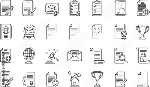 Professional academic certificate and legal document icon set featuring graduation diplomas, verified contracts, official reports, school awards, and license agreements.