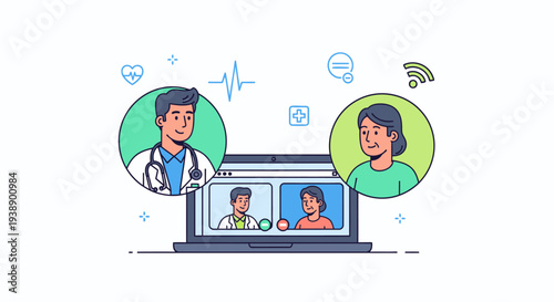Illustration of people on a video call with a doctor on a laptop with icons, conveying a telemedicine concept in a modern digital style with a clean white background.