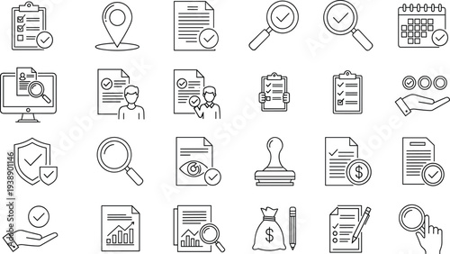 Set of business compliance icons featuring quality assurance, financial audit, regulatory check, document verification, legal agreement, tax inspection, and professional certification.