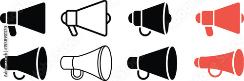 Cheerleader megaphone clipart set, featuring outline and silhouette styles, ideal for sports graphics, cheerleading designs, and school spirit vector illustrations.