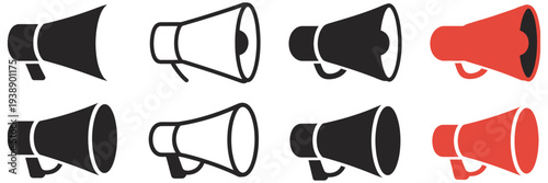 Cheerleader megaphone clipart set, showcasing outline and silhouette megaphone icons for cheer squad designs, athletic events, and vector artwork projects.