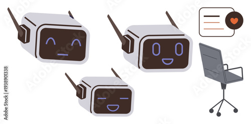 Artificial intelligence, customer service, robotics, workplace productivity, future design, communication. Three robot faces with different expressions, office chair document icon. Artificial