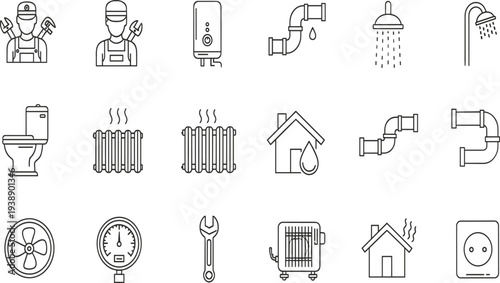 Set of plumbing and heating icons featuring professional repair services, water pipe installation, bathroom fixtures, home maintenance tools, and climate control.