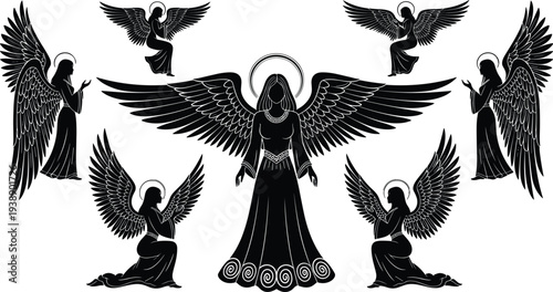 Elegant angel silhouette set featuring heavenly celestial beings with feathered wings and halos, spiritual religious vector icons for divine designs,