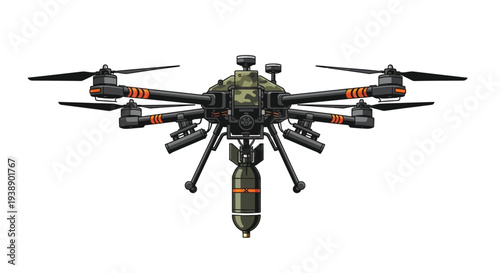 Military drone with a bomb payload illustrated in a cartoon style