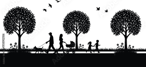 Family walking in park silhouette with trees, children playing, mother pushing stroller, father walking dog, nature scene - flat vector illustration