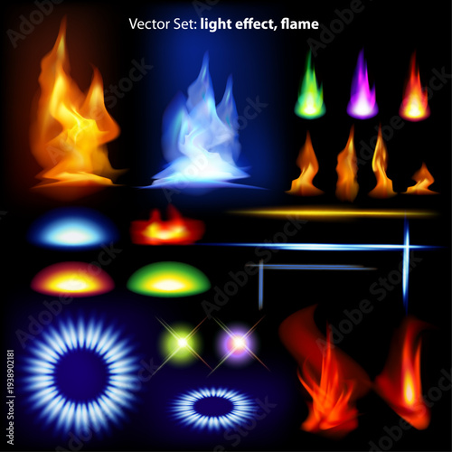 Set of colorful fire flames, light bursts and glowing effects isolated on dark background. Perfect for fantasy, game effects, visual overlays and energy design elements.
