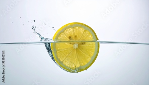 Lemon Slice Dropping into Clear Water.