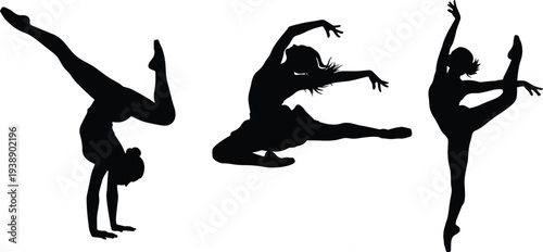 Female dancer silhouettes performing acrobatic ballet and modern dance poses, graceful movement fitness performance art isolated design - flat vector illustration