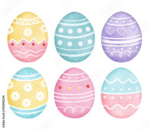 Collection of decorative Easter eggs with cute hand-drawn patterns. Vibrant pastel vector egg set isolated on white background, ideal for spring holiday greeting cards, festive party invitations.
