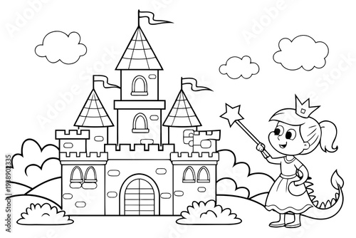 Fairy Tale Castle Coloring Page for Kids - Princess, Dragon, Magic Line Art Illustration
