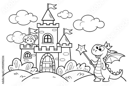 Fairy Tale Castle Coloring Page for Kids - Princess, Dragon, Magic Line Art Illustration