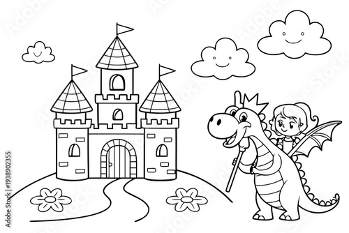 Fairy Tale Castle Coloring Page for Kids - Princess, Dragon, Magic Line Art Illustration