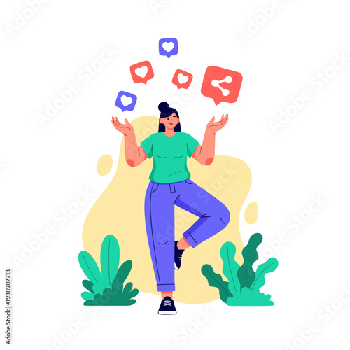 Woman enjoying social media interactions with floating hearts and speech bubbles