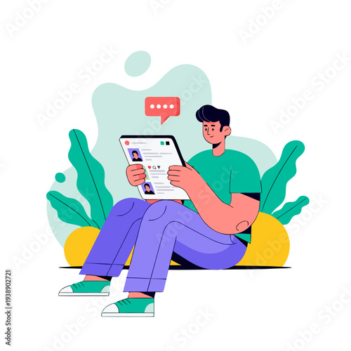 Young man relaxing while checking his profile on a tablet