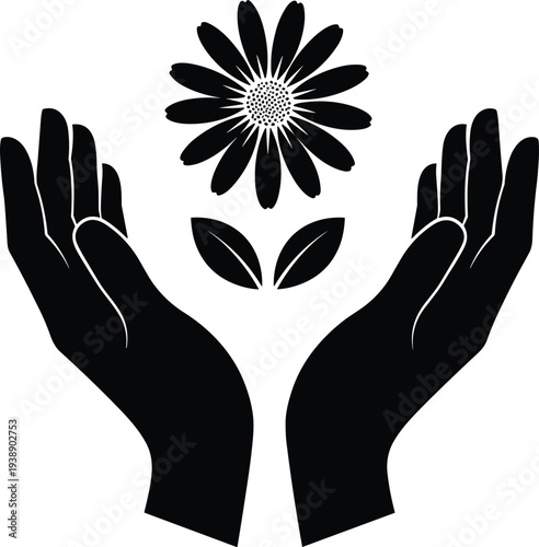 Hands holding flower silhouette vector illustration, nature care, growth symbol, environmental design, spirituality, protection, wellness, tradition, culture, art