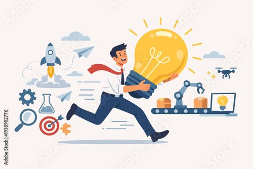 Creative businessman running with a giant light bulb as a symbol of innovation and big ideas to solve problems and invent new products, with rocket, robotic arm, drone, and technology icons.