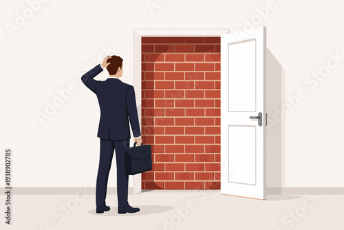 Businessman Facing a Dead End with an Open Door Blocked by a Brick Wall, Symbolizing Business Obstacles, Wrong Decisions, Failure, Challenges, and Difficulty in Finding a Way Out or Moving Forward.