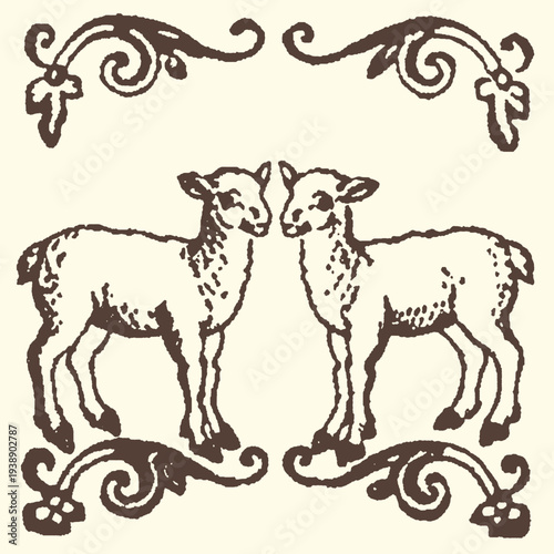 Vintage style vector illustration featuring two young lambs facing each other surrounded by antique ornamental baroque scrollwork dividers