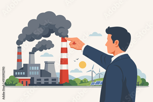 Businessman Pointing at Factory Emitting Smoke to Reduce Air Pollution and Stop Climate Change, Transitioning to Renewable Energy with Wind Turbines and Solar Panels for a Sustainable Future.
