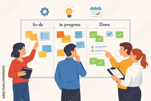 Diverse Team Collaborating on a Kanban Board for Project Management, Tracking Tasks from To-Do to In Progress and Done, Agile Workflow Illustration for Business Productivity and Team Planning.