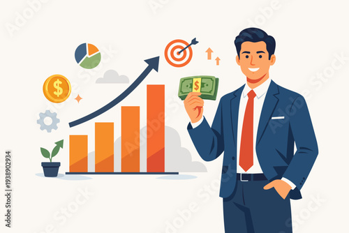 Successful businessman holding cash with financial growth chart and target. Marketing professional earning profit or sales commission. Investment strategy and business success concept vector.
