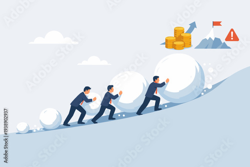 Businessmen Pushing Growing Snowballs Up a Hill Representing the Snowball Effect, Financial Growth, Compounding Success, and Scaling a Business with Potential Risks and Warning Signs Concept.