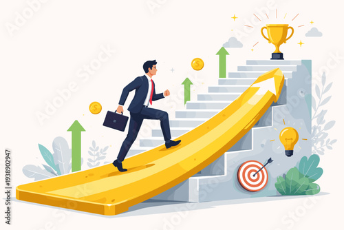 Businessman climbing a golden arrow shortcut over stairs to reach a trophy, representing career growth, business success, strategic path to achievement, financial wealth, and goal motivation.