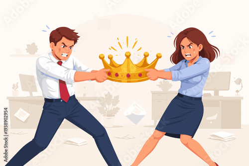Angry male and female colleagues fighting for a golden crown in a messy office, representing staff conflict, employee argument, job promotion rivalry, leadership power struggle, and jealousy.