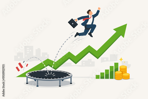 Businessman Jumping on Trampoline to Overcome Market Crash and Achieve Financial Growth with Rising Green Arrow, Bar Chart and Gold Coins, Concept of Economic Recovery and Business Success.