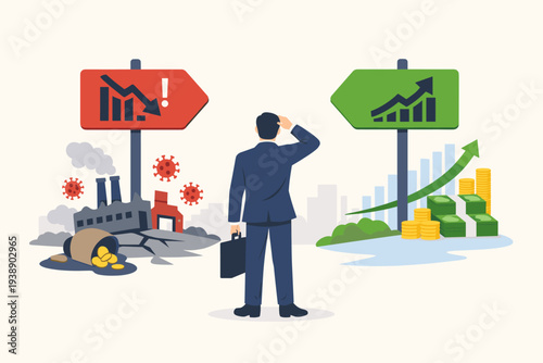 Businessman standing at crossroads choosing between economic recession and financial growth during coronavirus pandemic, stock market recovery vs downturn, investment decision, global crisis.