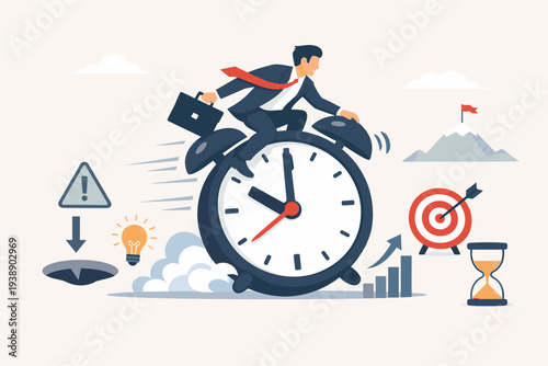Businessman riding a giant alarm clock to manage time and meet deadlines, navigating towards success, growth, and goals while avoiding risks and pitfalls in a business strategy vector concept.