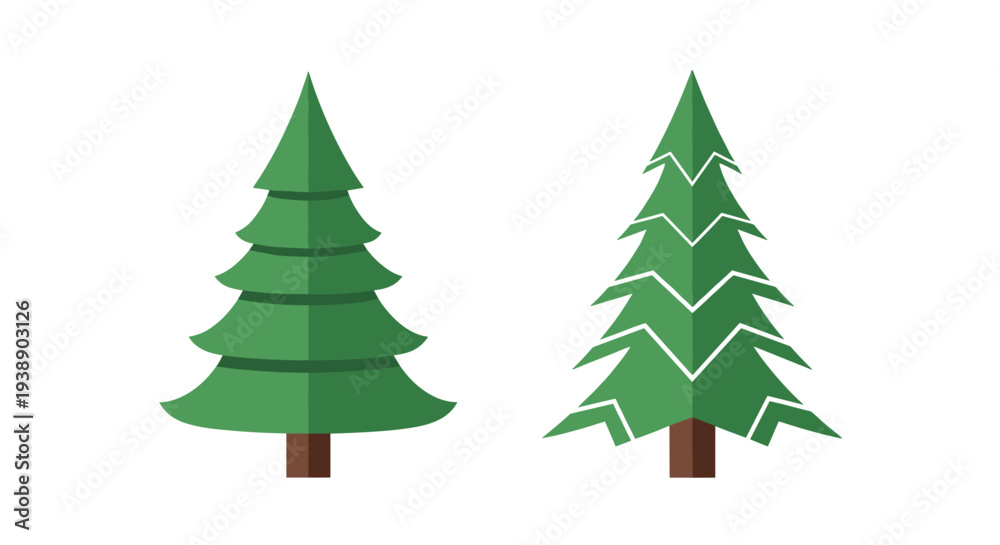 Fototapeta premium Two variations of green evergreen spruce trees presented in a flat illustration style, one with rounded tiers and one with sharp jagged branches.