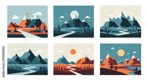Set of six minimalist mountain landscape posters featuring peaks, rivers, sun, moon, and trees in various color schemes and lighting conditions.