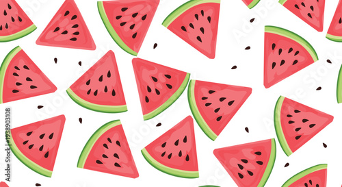 Vibrant seamless pattern of red watermelon slices with black seeds and green rinds scattered over a plain white background for summer themes.