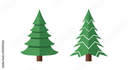 Two variations of green evergreen spruce trees presented in a flat illustration style, one with rounded tiers and one with sharp jagged branches.