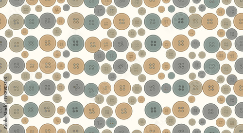 Seamless pattern showcasing an assortment of round sewing buttons in different sizes and shades of blue, beige, and grey on an off-white field.