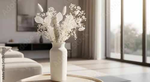 Rustic dried flowers in a modern white vase, creating an aesthetic of natural elegance within a sunlit minimalist home