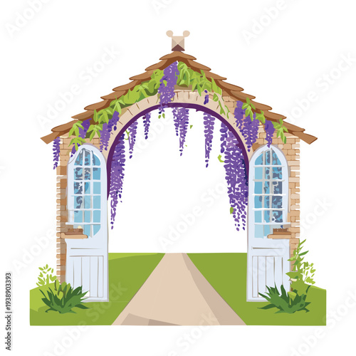 Artistic floral arch illustration featuring lush purple wisteria for beautiful garden themed graphic design and art