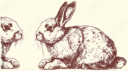 Vintage style vector illustration featuring two detailed rabbit profiles in profile facing each other on a light background