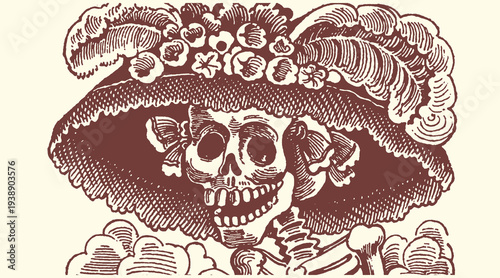 Engraving style vector illustration depicting a joyful skeletal figure wearing an elaborate hat adorned with flowers and feathers for a Mexican celebration