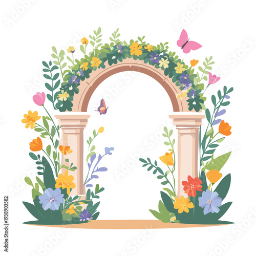 Lush garden arch flower illustration for outdoor wedding themed graphic design and artistic project layout design work