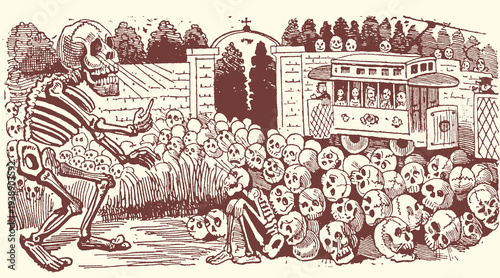 Whimsical vector graphic illustration of a large gesturing skeleton addressing a lively crowd of skulls as a festive, skull-filled trolley approaches a cemetery entrance.