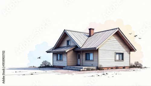 Continuous line art drawing of pitched roof housetop Black linear design on white , graphic, outline, design element