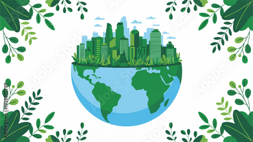 Eco friendly cityscape on a globe with lush greenery symbolizing sustainable urban development and environmental harmony