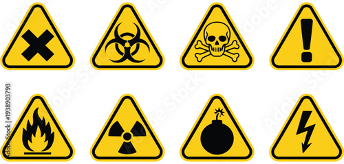 Danger warning sign icon set, featuring poison, toxic, and biohazard caution symbols, skull and chemical yellow triangle vector illustrations for safety and hazard design projects.