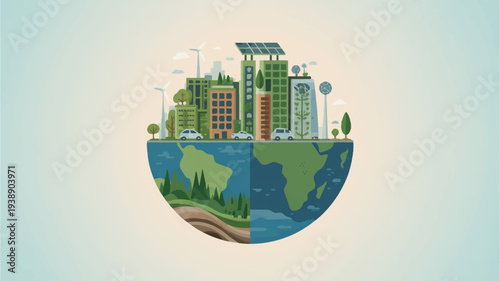 Sustainable city on earth eco friendly urban landscape with green buildings and trees environmental concept with blue planet cityscape and nature in harmony